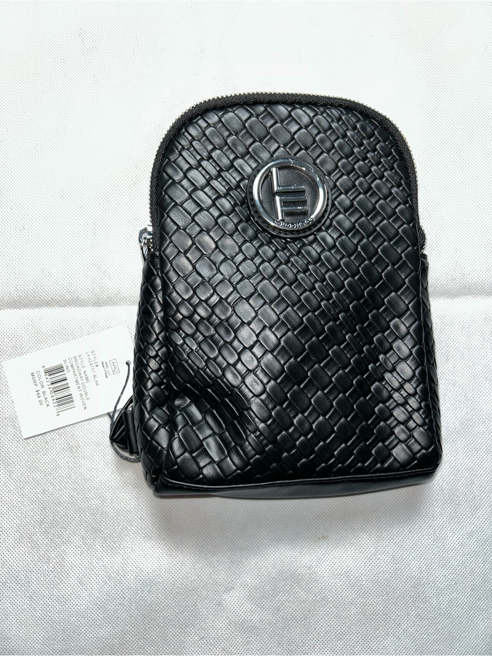 London Fog black broadway double compartment woven sling bag NWT
